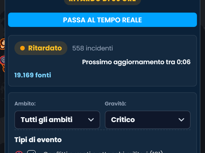 Il pannello Intelligence situazionale e di mercato di Scribble Maps con la dicitura «Ritardo di 36 ore», un pulsante «Passa al tempo reale», il numero di incidenti e fonti e i filtri per portata dell'impatto, gravità e tipo di evento.