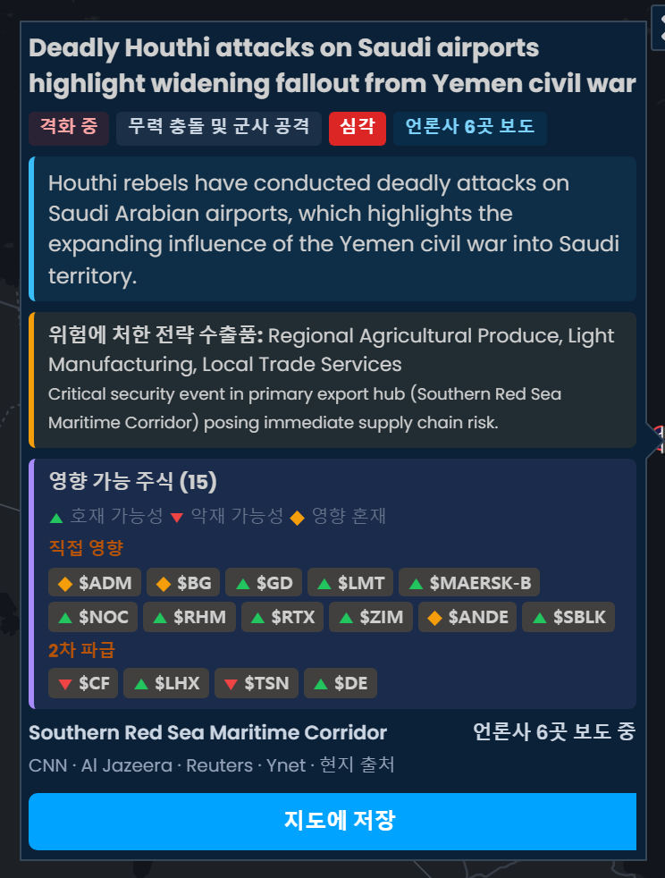 Scribble Maps 사건 카드 "후티 반군의 치명적인 사우디 공항 공격". 심각으로 평가되고 6개 언론사가 보도했으며, 영향을 받을 수 있는 주식으로 RTX, GD, LMT가 호재 가능성으로 표시되어 있습니다.