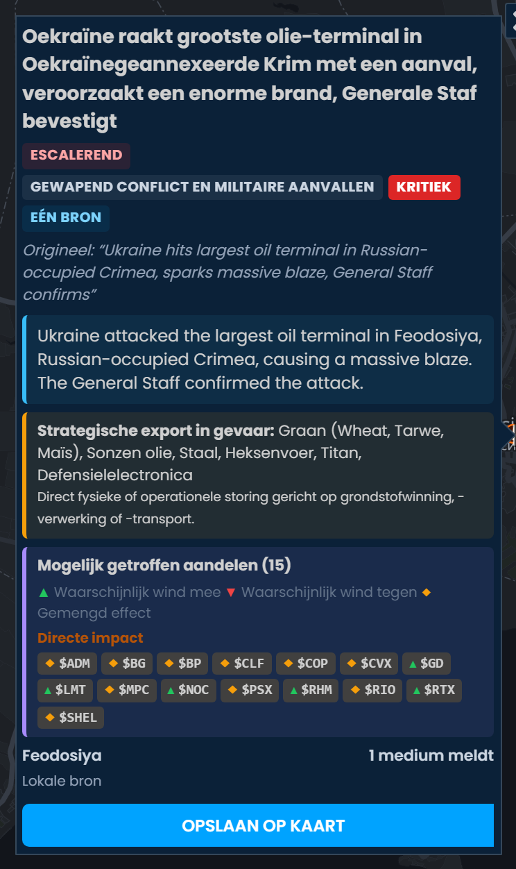 De incidentkaart in Scribble Maps voor de Oekraïense aanval op de grootste olieterminal op de door Rusland bezette Krim, beoordeeld als Kritiek, met mogelijk getroffen aandelen waaronder MPC, PSX, BP en SHEL gemarkeerd als Gemengd effect.