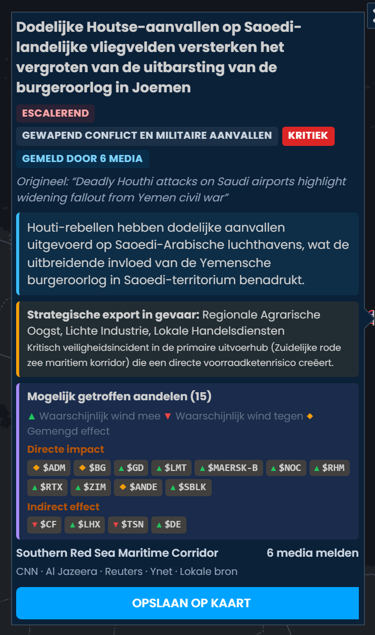 De incidentkaart in Scribble Maps voor dodelijke aanvallen van de Houthi's op Saudische luchthavens, beoordeeld als Kritiek en gemeld door 6 media, met de mogelijk getroffen aandelen RTX, GD en LMT gemarkeerd als Waarschijnlijk wind mee.