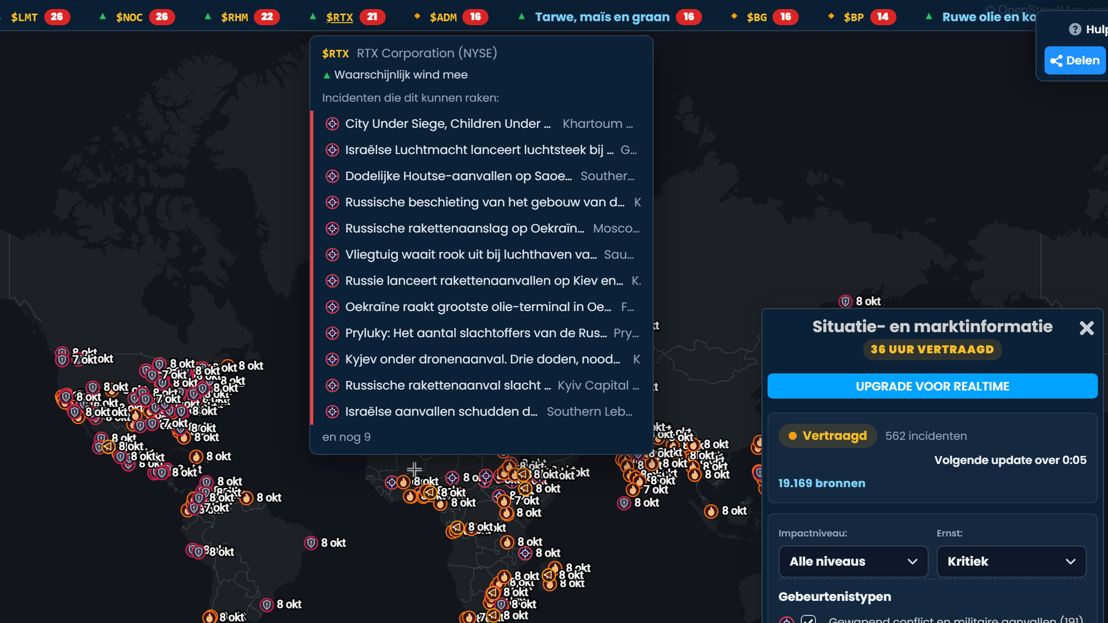 De ticker van Scribble Maps met RTX Corporation geopend, gemarkeerd als Waarschijnlijk wind mee, met de incidenten die het kunnen raken, boven een wereldkaart met incidenten en het situatiepaneel gemarkeerd als 36 uur vertraagd.