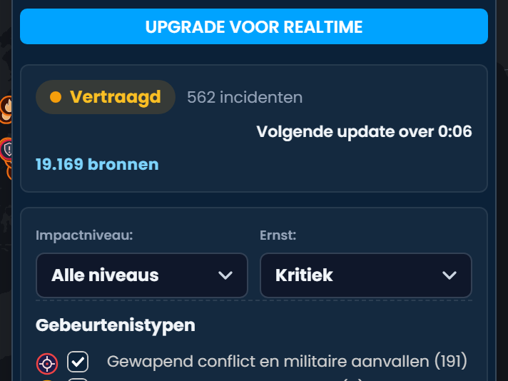 Het paneel Situatie- en marktinformatie in Scribble Maps gemarkeerd als 36 uur vertraagd, met de knop Upgrade voor realtime, het aantal incidenten en bronnen, en filters voor impactbereik, ernst en type gebeurtenis.
