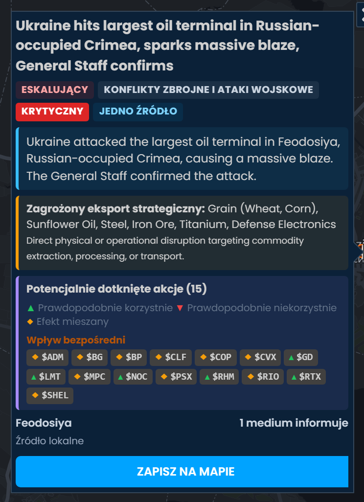 Karta incydentu w Scribble Maps o uderzeniu Ukrainy w największy terminal naftowy na okupowanym przez Rosję Krymie, oceniona jako Krytyczny, z listą akcji, na które może wpłynąć, w tym MPC, PSX, BP i SHEL oznaczonymi jako Efekt mieszany.