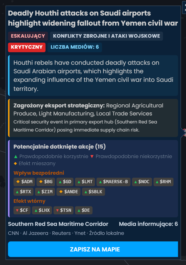 Karta incydentu w Scribble Maps o śmiertelnych atakach Huti na saudyjskie lotniska, oceniona jako Krytyczny i zgłoszona przez 6 serwisów, z listą akcji, na które może wpłynąć, gdzie RTX, GD i LMT są oznaczone jako Prawdopodobnie korzystnie.