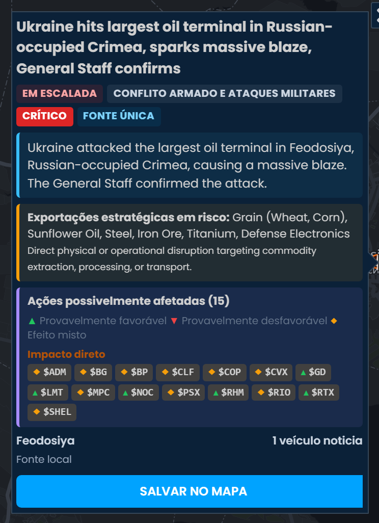 O card de incidente do Scribble Maps sobre o ataque da Ucrânia ao maior terminal de petróleo da Crimeia ocupada pela Rússia, classificado como crítico, listando as ações possivelmente afetadas, entre elas MPC, PSX, BP e SHEL, marcadas como “Efeito misto”.