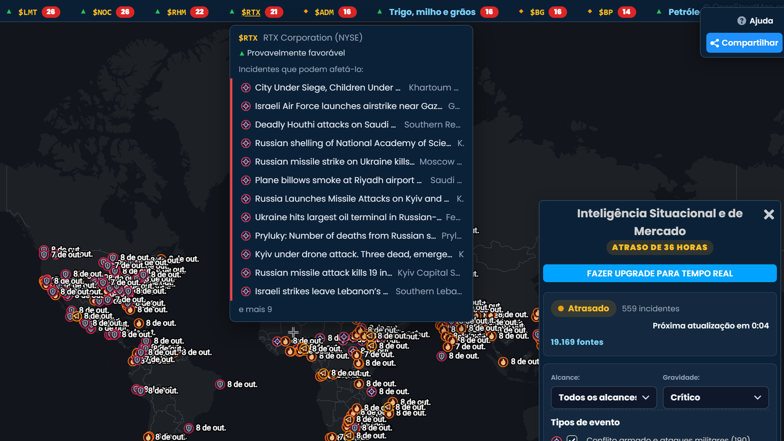 O ticker de Situação do Scribble Maps com a RTX Corporation aberta, marcada como “Provavelmente favorável”, listando os incidentes que podem afetá-la, acima de um mapa-múndi de incidentes e do painel de Situação marcado “Atraso de 36 horas”.