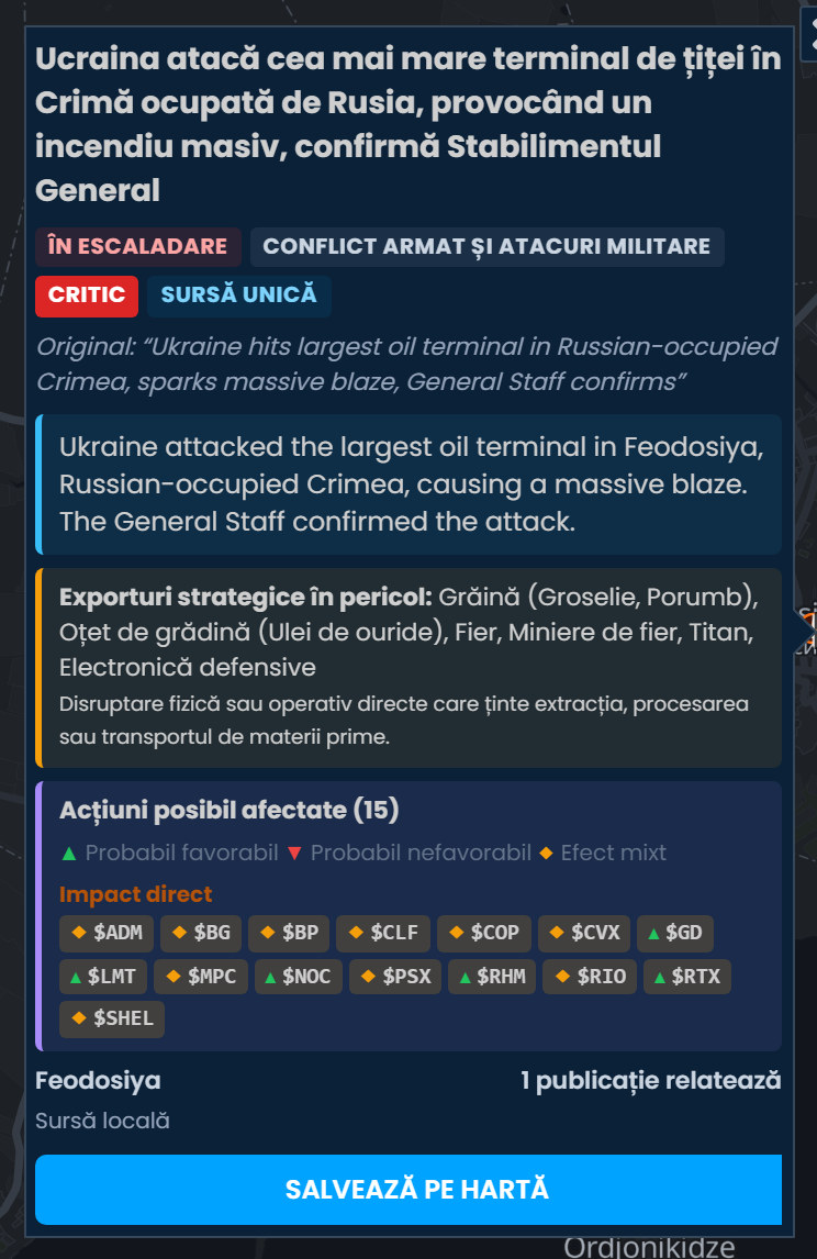 Fișa de incident din Scribble Maps pentru lovitura Ucrainei asupra celui mai mare terminal petrolier din Crimeea ocupată de Rusia, evaluată drept critică, cu lista acțiunilor posibil afectate, inclusiv MPC, PSX, BP și SHEL, marcate ca Efect mixt.