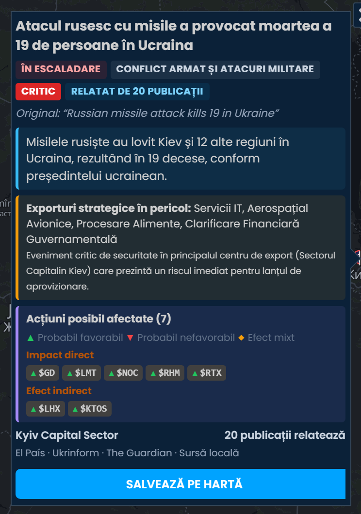 Fișa de incident din Scribble Maps pentru atacul rusesc cu rachete care a ucis 19 oameni în Ucraina, evaluată drept critică și relatată de 20 de publicații, cu GD, LMT, NOC, RHM și RTX marcate Probabil favorabil.