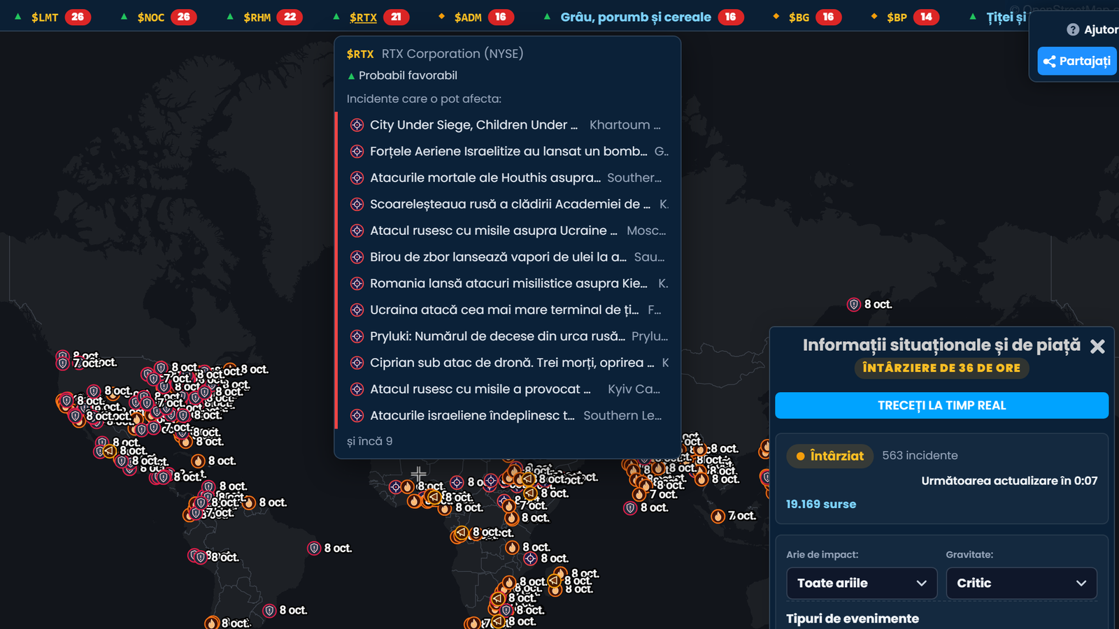 Banda de cotații din Informații situaționale în Scribble Maps, cu RTX Corporation deschis, marcat Probabil favorabil, și lista incidentelor care l-ar putea afecta, deasupra unei hărți a lumii cu incidente și a panoului Informații situaționale și de piață marcat Întârziere de 36 de ore.