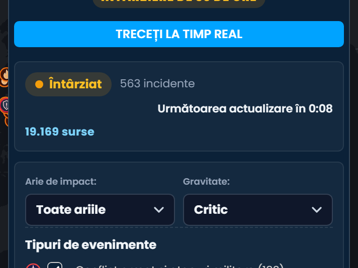 Panoul Informații situaționale și de piață din Scribble Maps marcat Întârziere de 36 de ore, cu butonul Treceți la timp real, numărul de incidente și surse și filtre pentru aria de impact, gravitate și tipul evenimentului.
