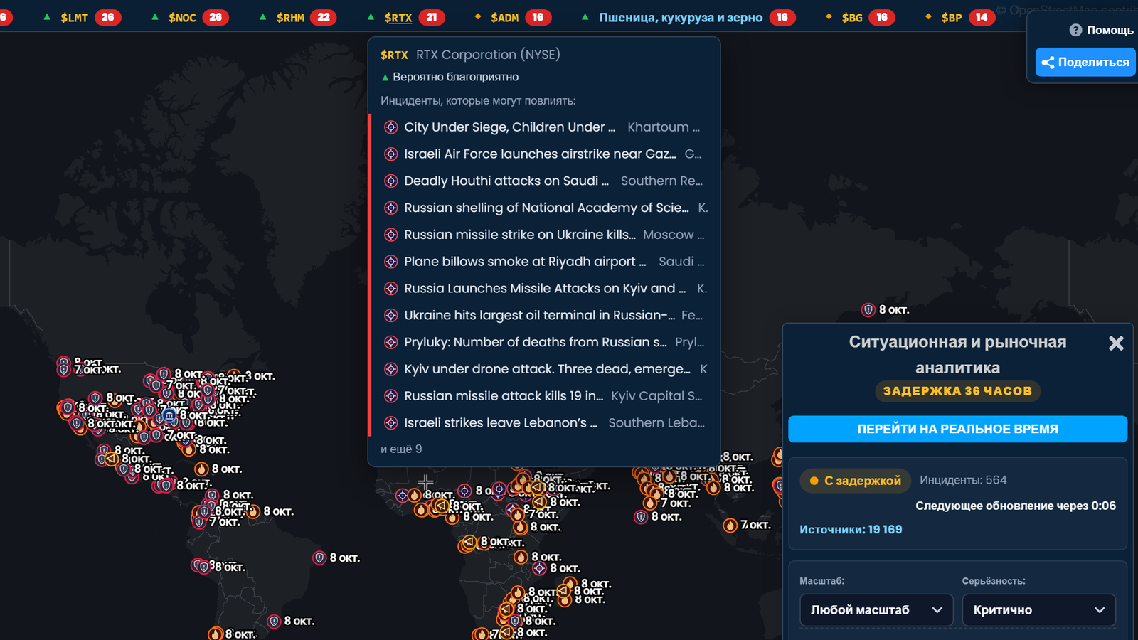 Бегущая строка ситуации в Scribble Maps с открытой RTX Corporation с пометкой «Вероятно благоприятно» и списком инцидентов, которые могут на неё повлиять, над картой мира с инцидентами и панелью ситуации с пометкой «Задержка 36 часов».