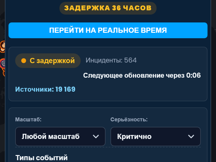 Панель «Ситуационная и рыночная аналитика» в Scribble Maps с пометкой «Задержка 36 часов», кнопкой «Перейти на реальное время», числом инцидентов и источников и фильтрами по масштабу влияния, серьёзности и типу события.