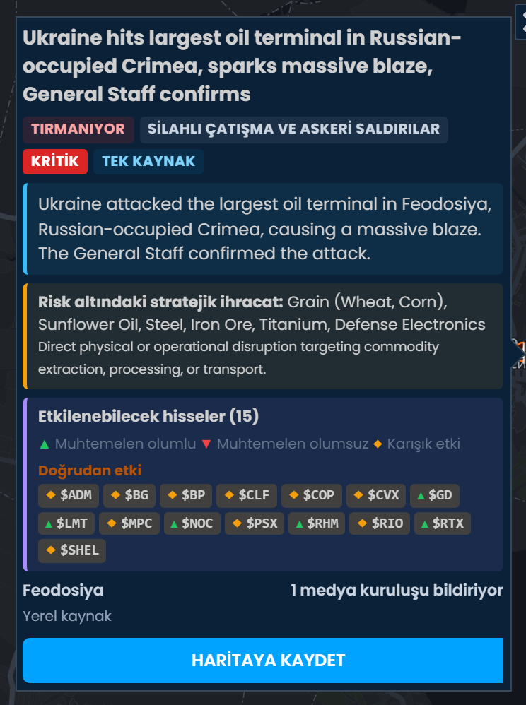 Scribble Maps'te Ukrayna'nın Rusya işgalindeki Kırım'da en büyük petrol terminalini vurması için olay kartı; Kritik olarak değerlendirilmiş. Etkilenebilecek hisseler listesinde MPC, PSX, BP ve SHEL Karışık etki olarak işaretli.