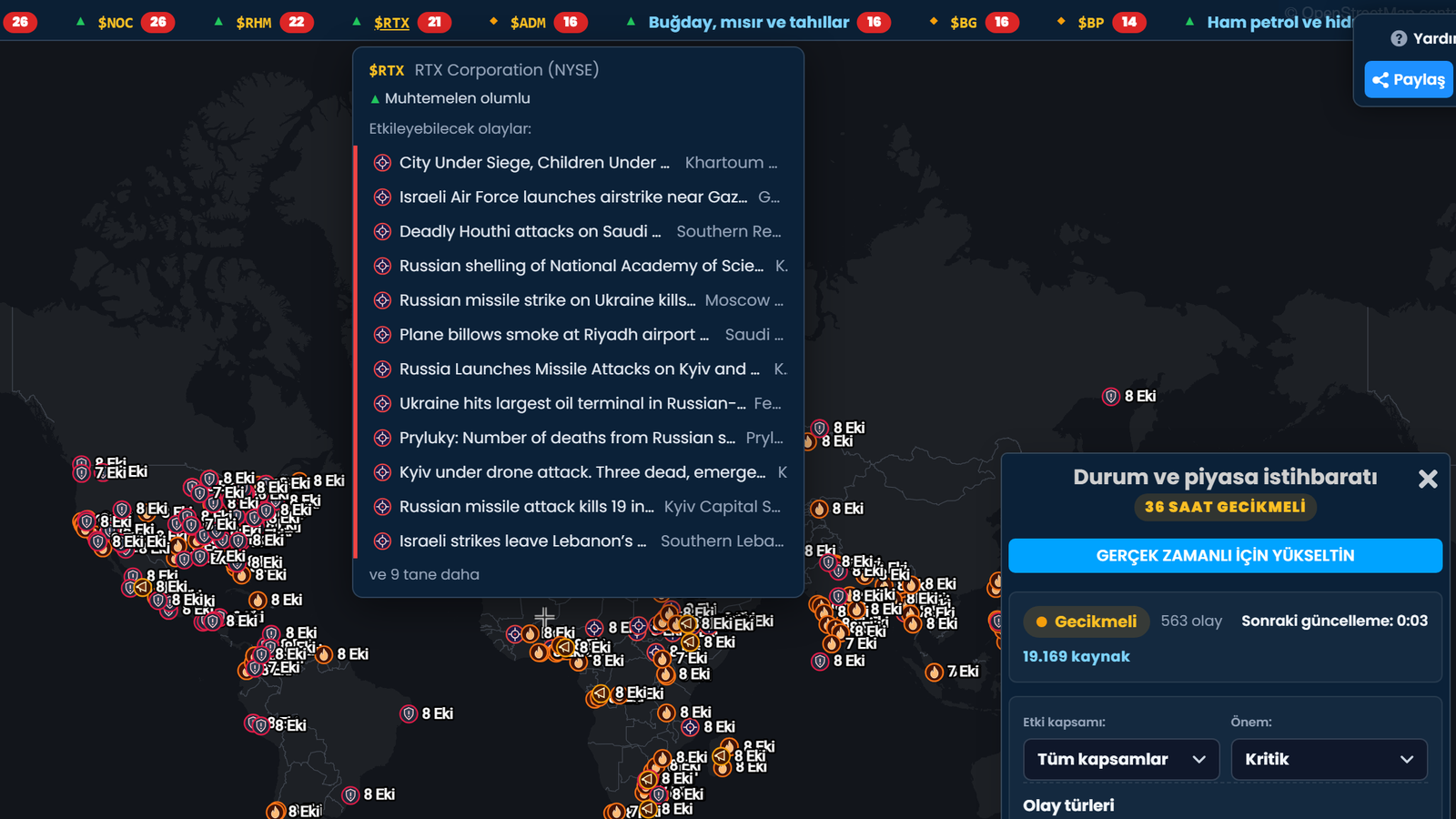 Scribble Maps durum şeridinde RTX Corporation açık; Muhtemelen olumlu olarak işaretlenmiş ve onu etkileyebilecek olaylar listelenmiş. Altta olayları gösteren bir dünya haritası ve 36 saat gecikmeli olarak işaretlenmiş durum paneli var.