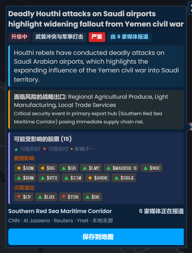 Scribble Maps 事件卡片“胡塞武装致命袭击沙特机场”，严重级别为严重，有 6 家媒体报道，列出可能受影响的股票，其中 RTX、GD 和 LMT 标记为“可能利好”。