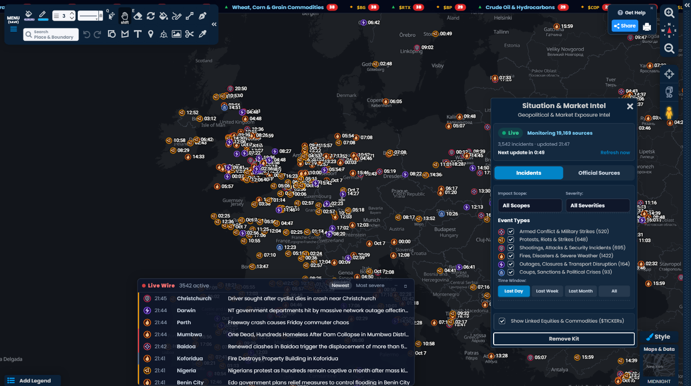 A Scribble Maps map of Europe on a dark base with live incident markers by type, the Live Wire list of the latest incidents worldwide, the Situation & Market Intel panel with its filters, and a ticker of affected stocks and commodities across the top.