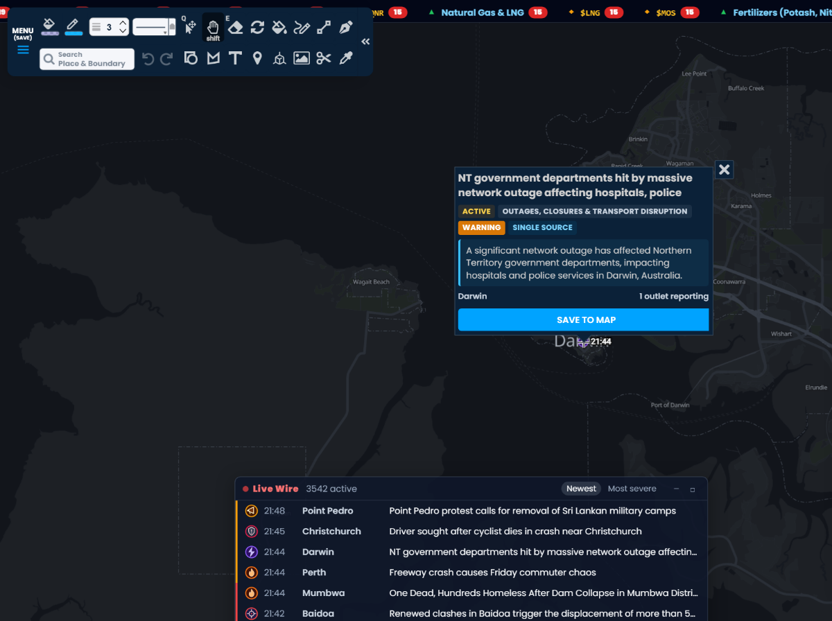 A Situation Intel incident report in Scribble Maps on a network outage affecting hospitals and police in Darwin, Australia, showing its status, type, severity, a short summary, the outlet count, and a Save to map button.