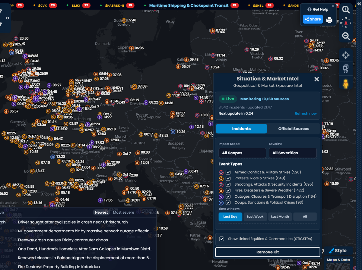 The Situation & Market Intel kit panel in Scribble Maps with impact scope, severity, event type, and time window filters over a map of live incidents.
