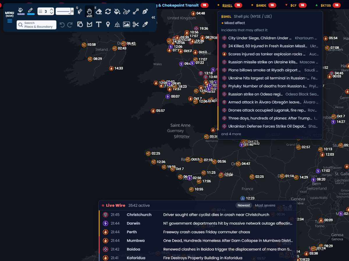 The Situation Intel ticker in Scribble Maps with Shell plc open, marked as a mixed effect, and the list of incidents that may affect it.
