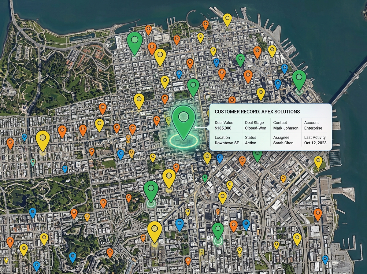 A map with customer pins colored by deal stage and sized by deal value, with a popup showing one row from the spreadsheet.