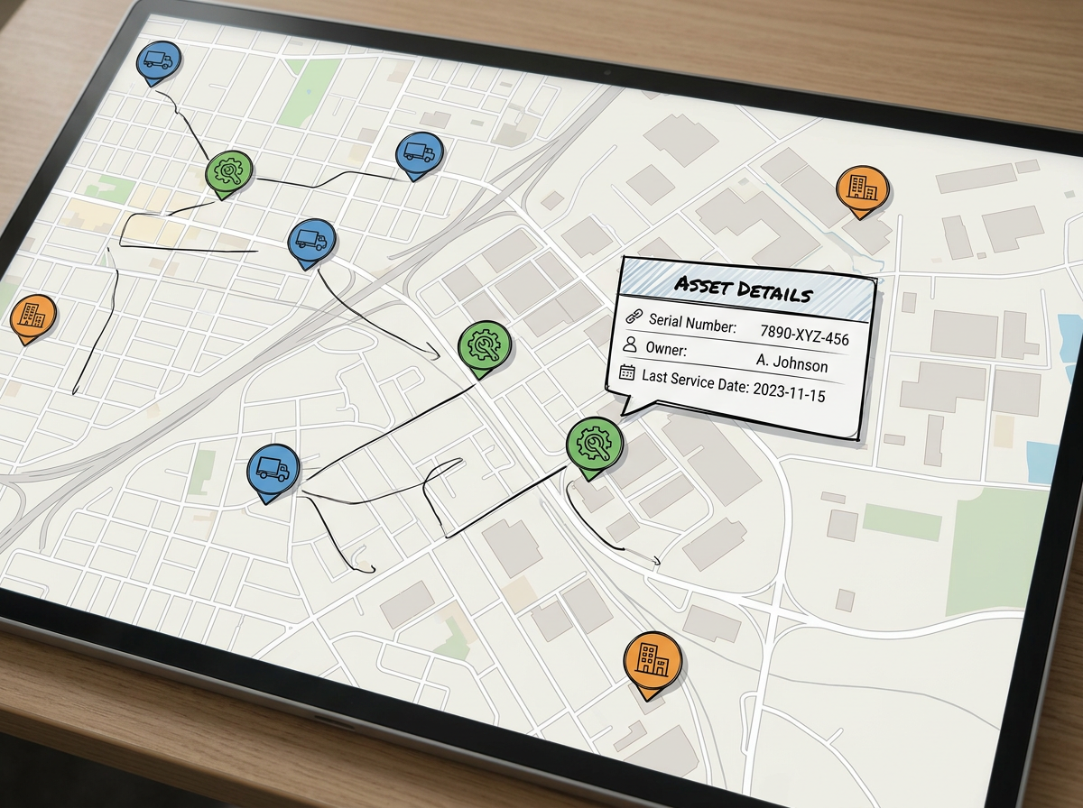 A map of assets with category icons and a popup showing serial number, owner, and last service date from the spreadsheet.