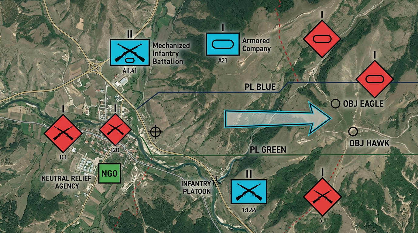A tactical operations map rendered with strict MIL-STD-2525D / NATO APP-6 military symbology on satellite terrain. Friendly units shown as solid cyan-blue rectangular frames (1:1.44 aspect) containing black monochrome icons such as crossed rifles for infantry and a horizontal oval for armor, with small black echelon indicators centered above the top edge of the frame (one dot for squad, vertical bar for section, two bars for platoon, I for company, II for battalion, X for brigade). Hostile units shown as solid red diamond / quatrefoil frames at 45 degrees containing the same black monochrome interior icons. Neutral units shown as solid green squares. Control measures include a solid dark line labeled PL BLUE and PL GREEN running across the terrain, small black circles labeled OBJ EAGLE and OBJ HAWK, and a wide hollow arrow indicating axis of advance. Pure 2D top-down vector symbols, flat color fills, no 3D shading on the symbols themselves, no fictional or decorative shapes.