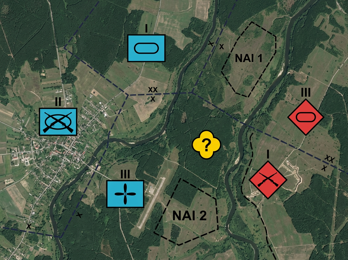 A common operating picture on a satellite terrain basemap rendered with strict MIL-STD-2525D and NATO APP-6 symbology. Friendly forces shown as solid cyan-blue rectangular frames (1:1.44 aspect) containing black monochrome interior icons (crossed rifles for infantry, horizontal oval for armor, propeller for aviation), with black echelon indicators centered above the top edge (I for company, II for battalion, X for brigade). Hostile forces shown as solid red diamond frames at 45 degrees with the same black interior icons. One unknown contact shown as a yellow quatrefoil with a black question mark. Boundary lines drawn as long dashed dark lines with a small echelon indicator (XX for division, X for brigade) straddling each boundary. Two irregular polygons outlined in black dashes labeled NAI 1 and NAI 2. Pure 2D top-down vector symbols, flat color fills, no 3D shading on the symbols themselves, no fictional or decorative shapes.