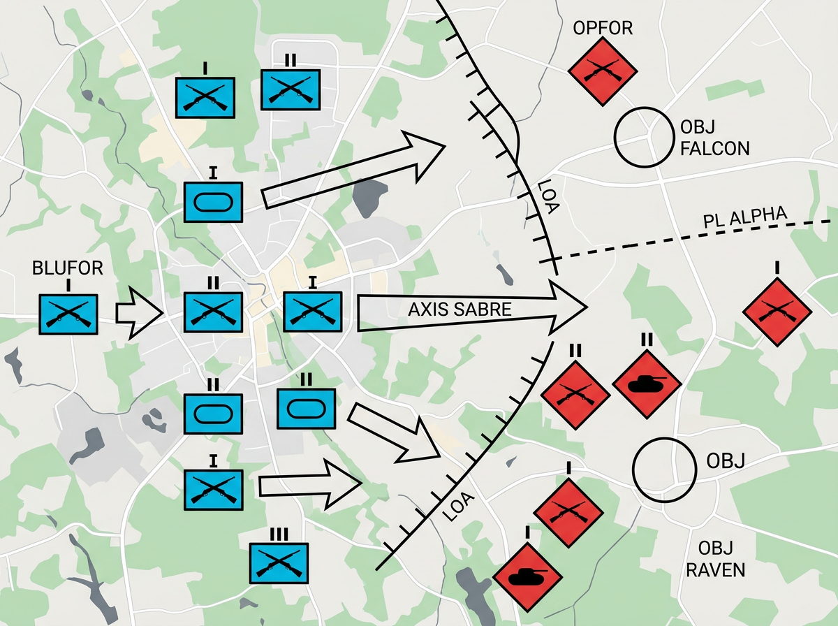 A training exercise map on a clean 2D road basemap rendered with strict MIL-STD-2525D symbology. BLUFOR units shown as solid cyan-blue rectangular frames (1:1.44 aspect) containing black monochrome icons including crossed rifles for infantry and a horizontal oval for armor, with black echelon indicators centered above each frame (vertical bar for section, two bars for platoon, I for company). OPFOR units shown as solid red diamond frames at 45 degrees with the same black interior icons. Several wide hollow black arrows showing maneuver, one labeled AXIS SABRE pointing east. A solid black line labeled LOA labeled with tick marks for Limit of Advance, and a dashed black line labeled PL ALPHA for a phase line. Two black-outlined circles labeled OBJ FALCON and OBJ RAVEN. Pure 2D top-down vector military symbols, flat color fills, no decorative shapes.