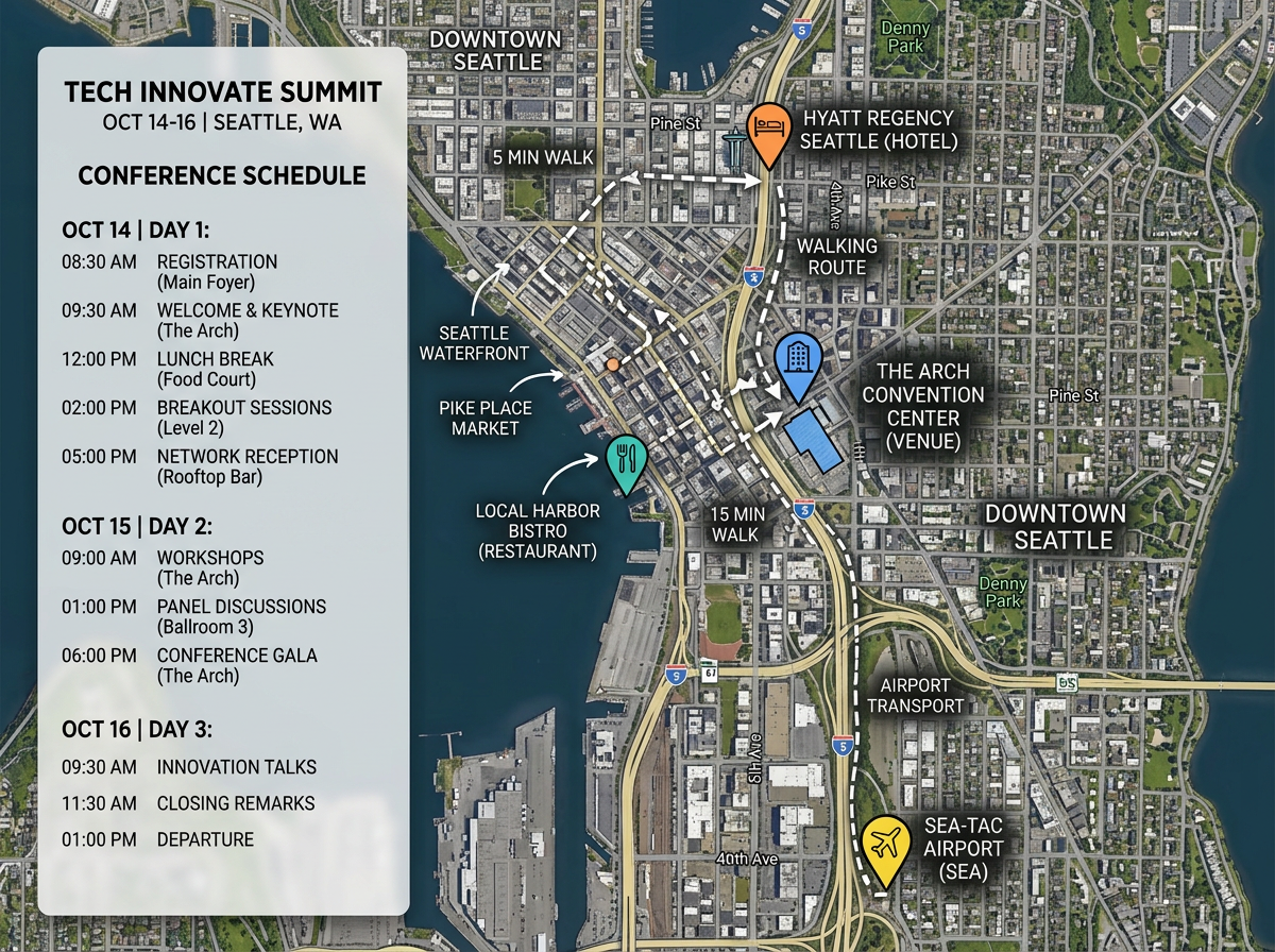 A conference trip map with venue, hotel, restaurant, and airport pins and a side panel listing the schedule.