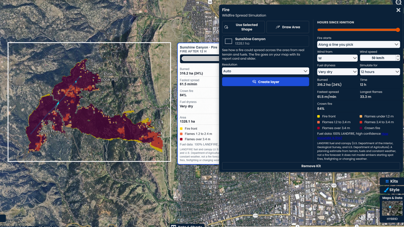 The Scribble Maps Fire kit in Sunshine Canyon, Colorado: a fire started along a power line in a 50 km/h west wind, with the burned area colored by flame length, a report card with a time slider on the map, and the wind, fuel dryness and results in the kit panel.